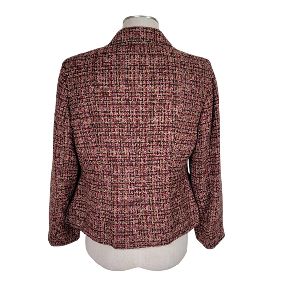 Le Suit Tweed Skirt Suit 12P Brown Olive Flap Pockets Tulip Hem Velvet Buttons - Picture 4 of 10